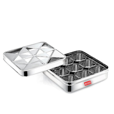 AVIAS Trios Square Stainless Steel Spice Box with See-Through Lid | 9 Containers and 1 Spoon | Silver