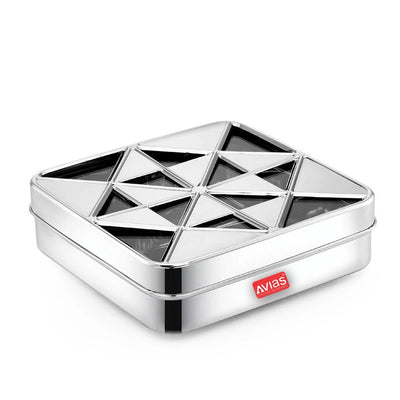 AVIAS Trios Square Stainless Steel Spice Box with See-Through Lid | 9 Containers and 1 Spoon | Silver