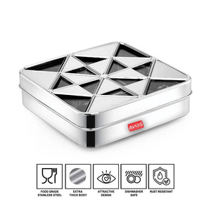 AVIAS Trios Square Stainless Steel Spice Box with See-Through Lid | 9 Containers and 1 Spoon | Silver