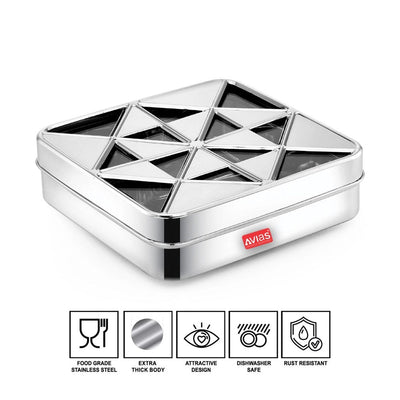 AVIAS Trios Square Stainless Steel Spice Box with See-Through Lid | 9 Containers and 1 Spoon | Silver