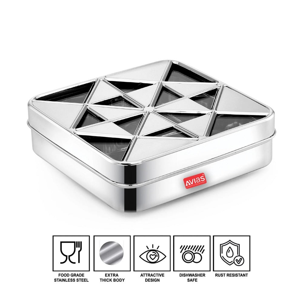 AVIAS Trios Square Stainless Steel Spice Box with See-Through Lid | 9 Containers and 1 Spoon | Silver