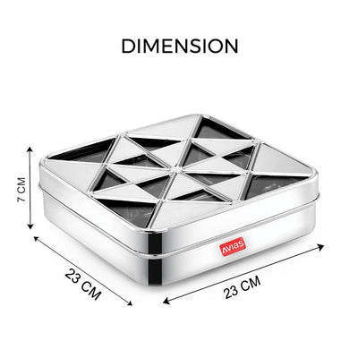 AVIAS Trios Square Stainless Steel Spice Box with See-Through Lid | 9 Containers and 1 Spoon | Silver