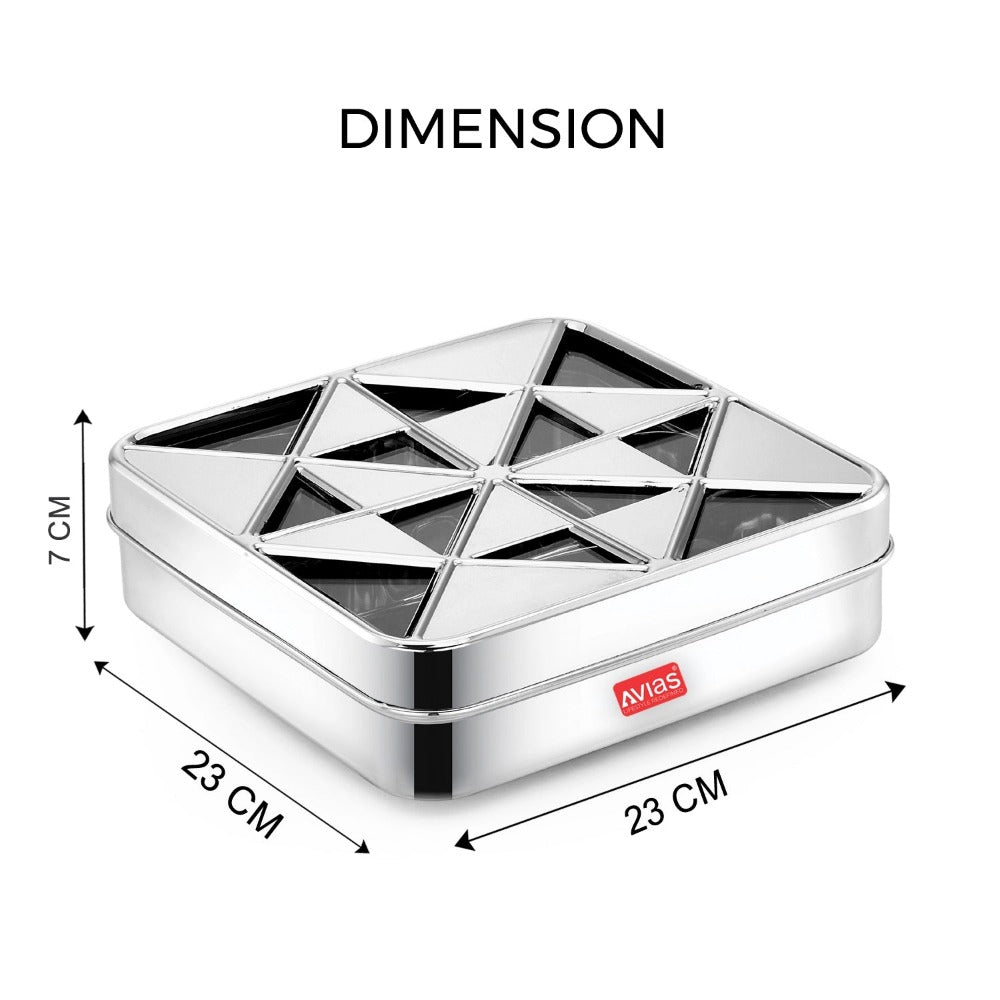 AVIAS Trios Square Stainless Steel Spice Box with See-Through Lid | 9 Containers and 1 Spoon | Silver