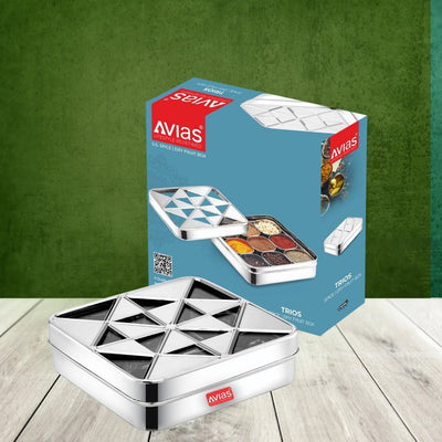 AVIAS Trios Square Stainless Steel Spice Box with See-Through Lid | 9 Containers and 1 Spoon | Silver