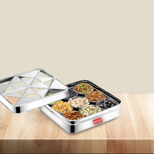 AVIAS Trios Square Stainless Steel Spice Box with See-Through Lid | 9 Containers and 1 Spoon | Silver