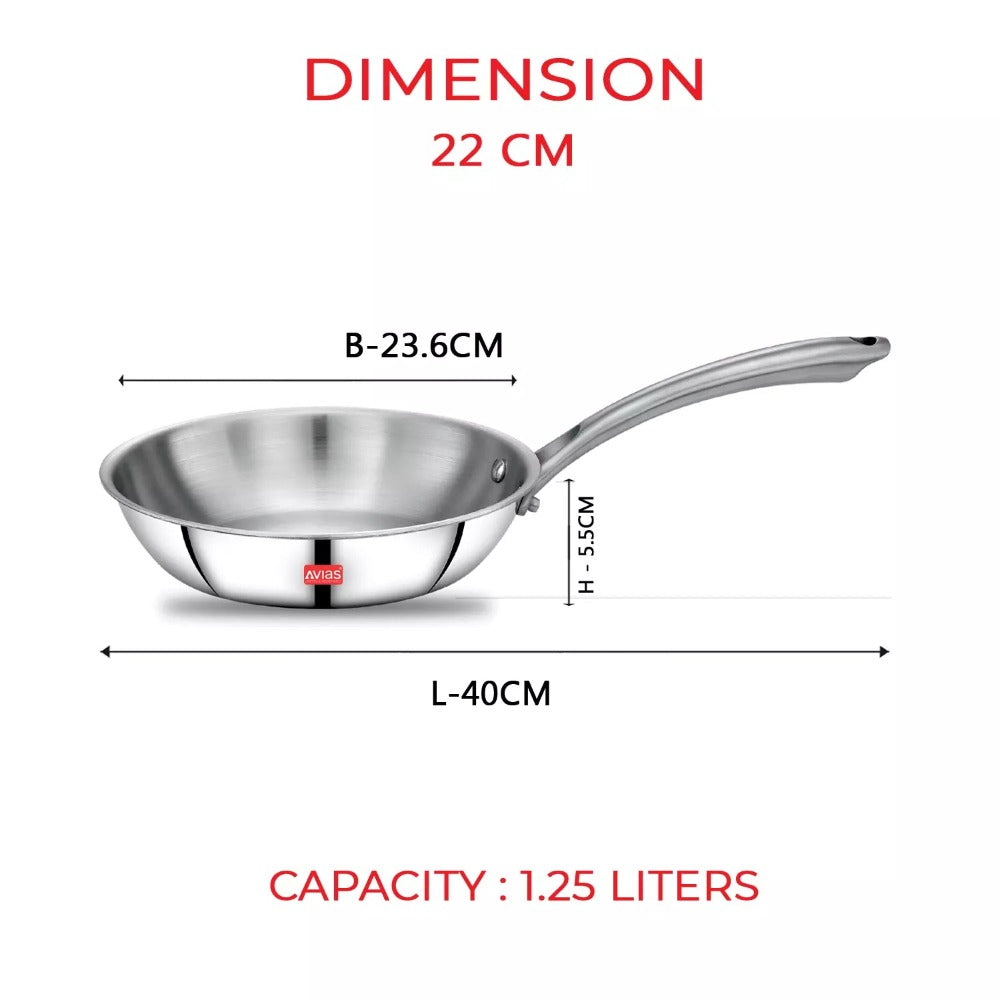 AVIAS Stainless steel Tri-Ply Riara (Kadai 22cm + Frypan 22cm) | Induction Compatible | Silver | Set of  2 Pcs