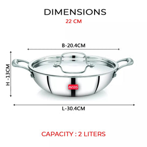 AVIAS Stainless steel Tri-Ply Riara (Kadai 22cm + Frypan 22cm) | Induction Compatible | Silver | Set of  2 Pcs