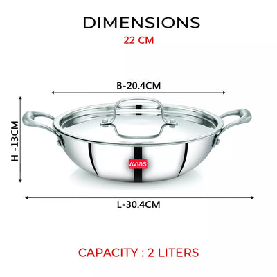 AVIAS Stainless steel Tri-Ply Riara (Kadai 22cm + Frypan 22cm) | Induction Compatible | Silver | Set of  2 Pcs
