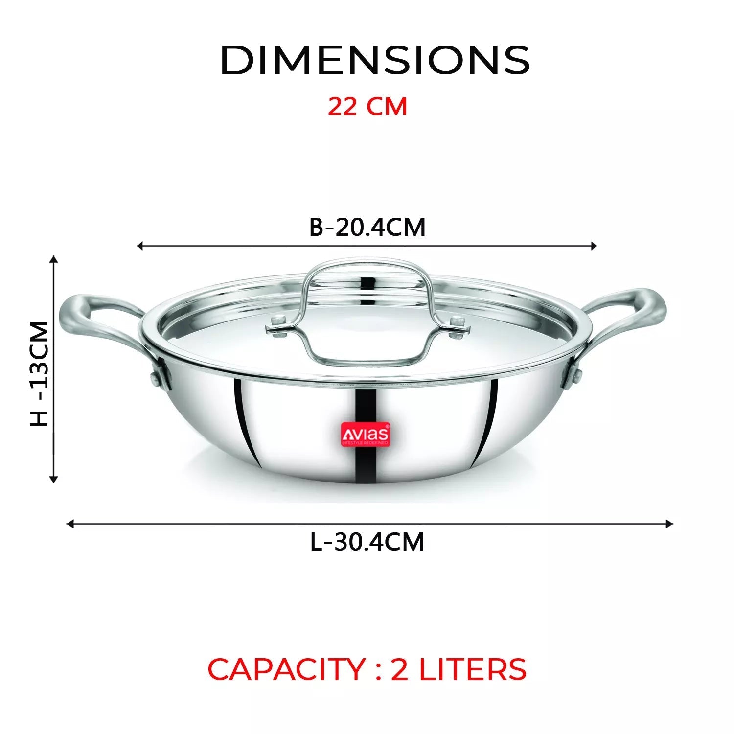 AVIAS Stainless steel Tri-Ply Riara (Kadai 22cm + Frypan 22cm) | Induction Compatible | Silver | Set of  2 Pcs