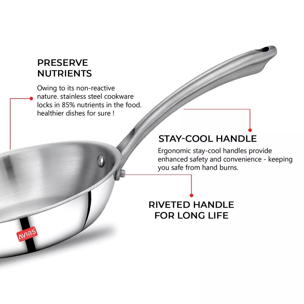 AVIAS Stainless steel Tri-Ply Riara (Kadai 22cm + Frypan 22cm) | Induction Compatible | Silver | Set of  2 Pcs