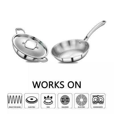 AVIAS Stainless steel Tri-Ply Riara (Kadai 22cm + Frypan 22cm) | Induction Compatible | Silver | Set of  2 Pcs