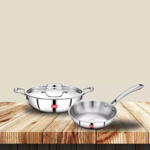 AVIAS Stainless steel Tri-Ply Riara (Kadai 22cm + Frypan 22cm) | Induction Compatible | Silver | Set of  2 Pcs