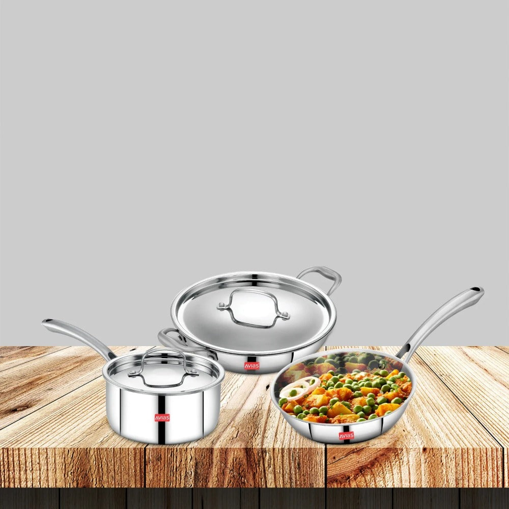 AVIAS Stainless steel Tri-Ply Riara (Kadai 22cm + Frypan 22cm + Saucepan 14cm) | Induction Compatible | Silver | Set of  3 Pcs