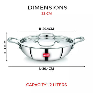 AVIAS Stainless steel Tri-Ply Riara (Kadai 22cm + Frypan 22cm + Saucepan 14cm) | Induction Compatible | Silver | Set of  3 Pcs