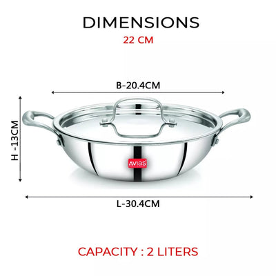 AVIAS Stainless steel Tri-Ply Riara (Kadai 22cm + Frypan 22cm + Saucepan 14cm) | Induction Compatible | Silver | Set of  3 Pcs