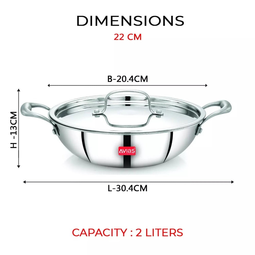 AVIAS Stainless steel Tri-Ply Riara (Kadai 22cm + Frypan 22cm + Saucepan 14cm) | Induction Compatible | Silver | Set of  3 Pcs