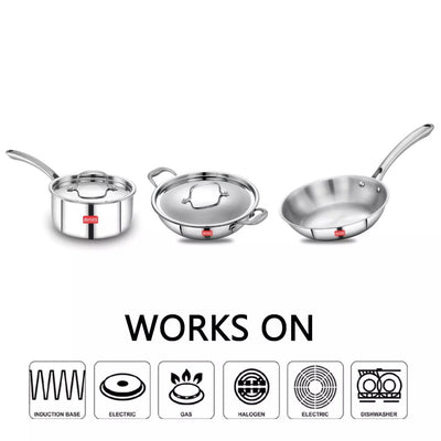 AVIAS Stainless steel Tri-Ply Riara (Kadai 22cm + Frypan 22cm + Saucepan 14cm) | Induction Compatible | Silver | Set of  3 Pcs