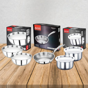 AVIAS Stainless steel Tri-Ply Riara (Tasla 20cm + Tasla 22cm + Frypan 22cm + Tope 14cm + Tope 16cm) | Induction Compatible | Silver | Set of  5 Pcs