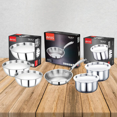 AVIAS Stainless steel Tri-Ply Riara (Tasla 20cm + Tasla 22cm + Frypan 22cm + Tope 14cm + Tope 16cm) | Induction Compatible | Silver | Set of  5 Pcs
