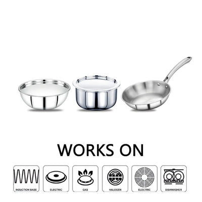 AVIAS Stainless steel Tri-Ply Riara (Tasla 20cm + Tasla 22cm + Frypan 22cm + Tope 14cm + Tope 16cm) | Induction Compatible | Silver | Set of  5 Pcs
