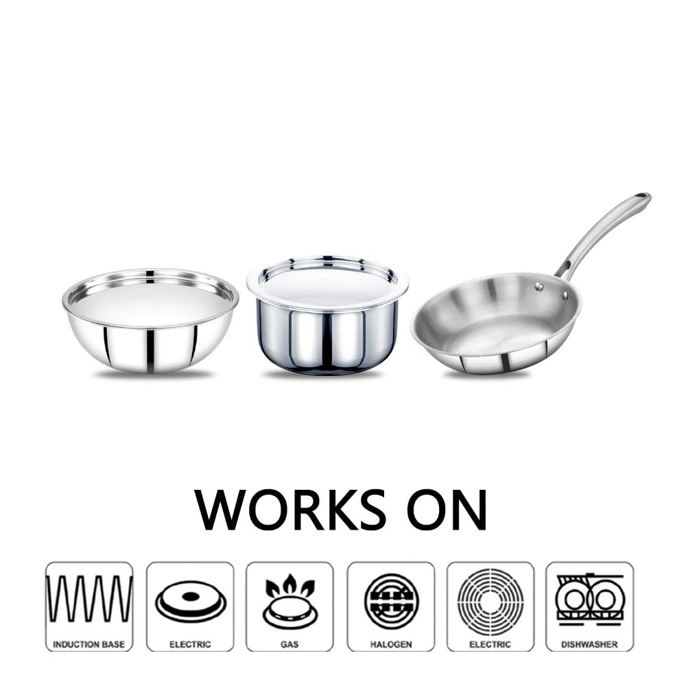 AVIAS Stainless steel Tri-Ply Riara (Tasla 20cm + Tasla 22cm + Frypan 22cm + Tope 14cm + Tope 16cm) | Induction Compatible | Silver | Set of  5 Pcs