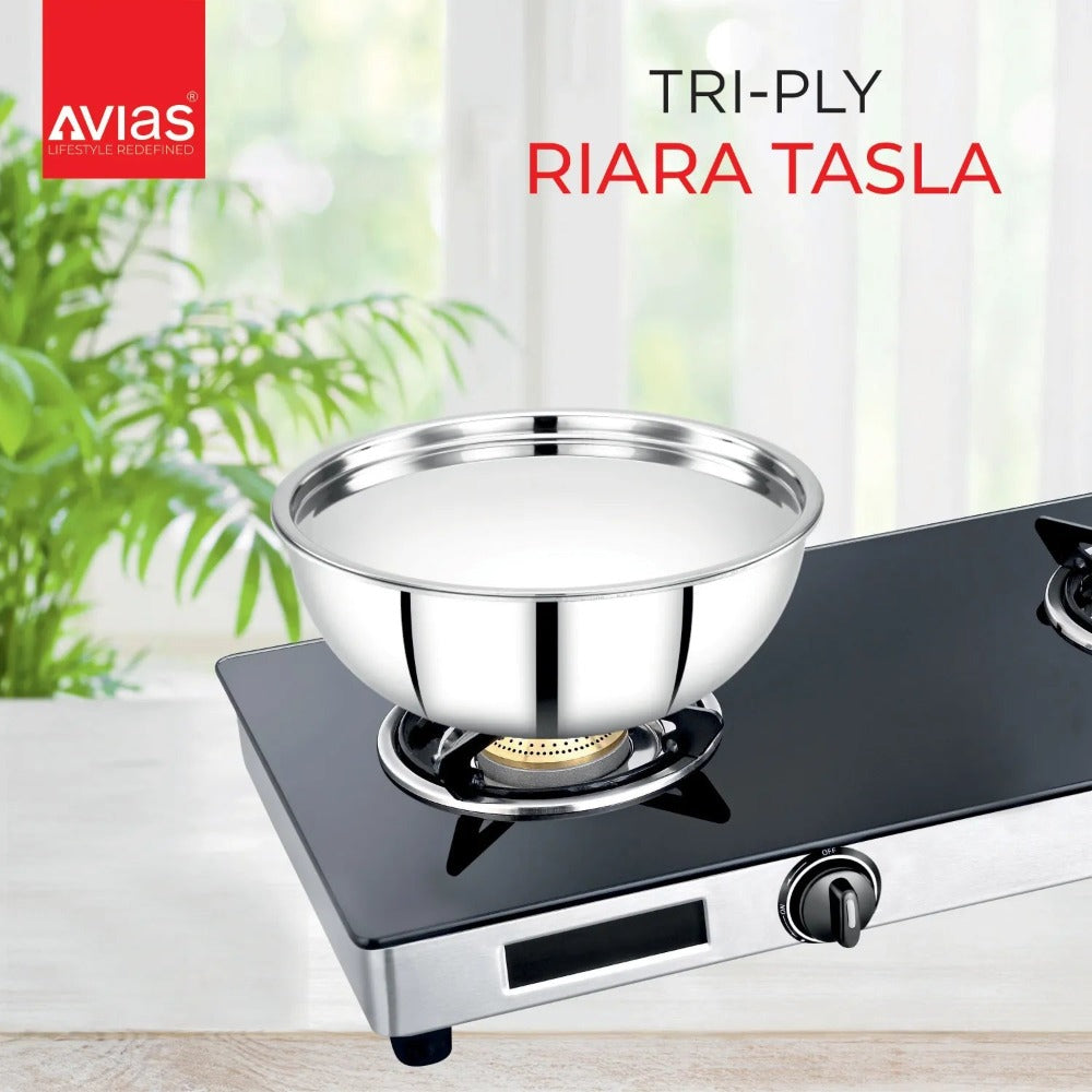 AVIAS Stainless steel Tri-Ply Riara (Tasla 20cm + Tasla 22cm + Frypan 22cm + Tope 14cm + Tope 16cm) | Induction Compatible | Silver | Set of  5 Pcs