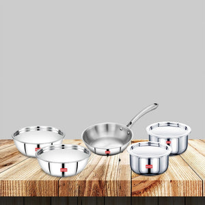 AVIAS Stainless steel Tri-Ply Riara (Tasla 20cm + Tasla 22cm + Frypan 22cm + Tope 14cm + Tope 16cm) | Induction Compatible | Silver | Set of  5 Pcs