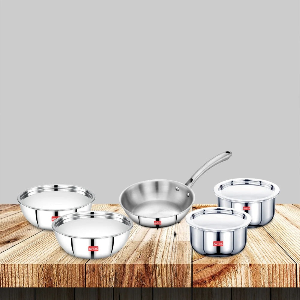 AVIAS Stainless steel Tri-Ply Riara (Tasla 20cm + Tasla 22cm + Frypan 22cm + Tope 14cm + Tope 16cm) | Induction Compatible | Silver | Set of  5 Pcs