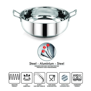 AVIAS Platinox (Casserole 1000 ML + Casserole 1500 ML + Kadhai 22 cm) | Silver | Set of  3 Pcs