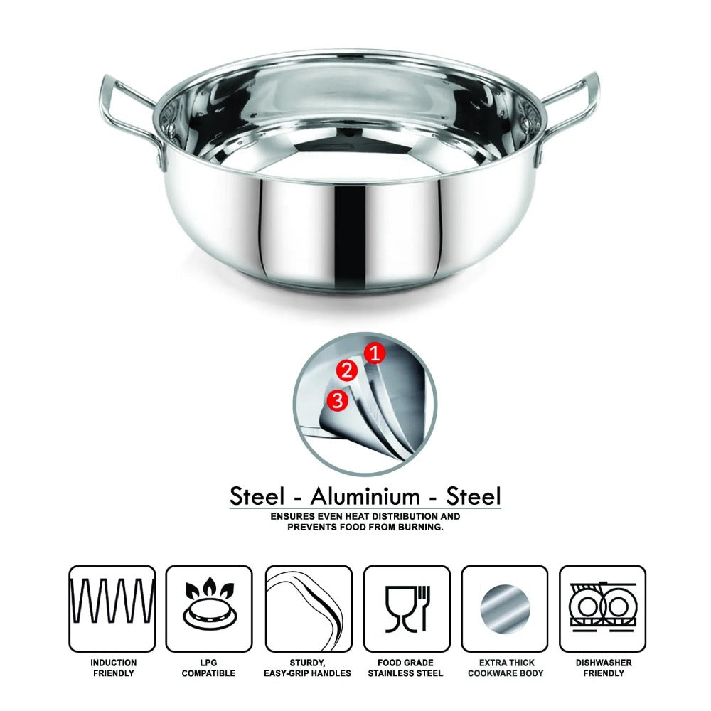 AVIAS Platinox (Casserole 1000 ML + Casserole 1500 ML + Kadhai 22 cm) | Silver | Set of  3 Pcs