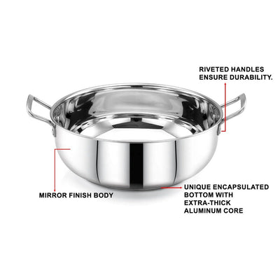 AVIAS Platinox (Casserole 1000 ML + Casserole 1500 ML + Kadhai 22 cm) | Silver | Set of  3 Pcs