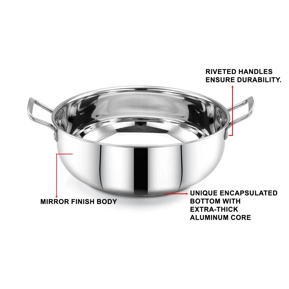 AVIAS Platinox (Casserole 1000 ML + Casserole 1500 ML + Kadhai 22 cm) | Silver | Set of  3 Pcs
