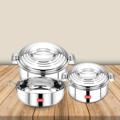 AVIAS Platinox (Casserole 1000 ML + Casserole 1500 ML + Kadhai 22 cm) | Silver | Set of  3 Pcs