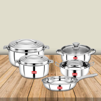 AVIAS Platinox Stainless Steel Set (Belly 18cm + Kadhai 22cm + Frypan 22cm + Casserole 1000ML + 1500ML) | Induction Compatible | Silver | Set of  5 Pcs