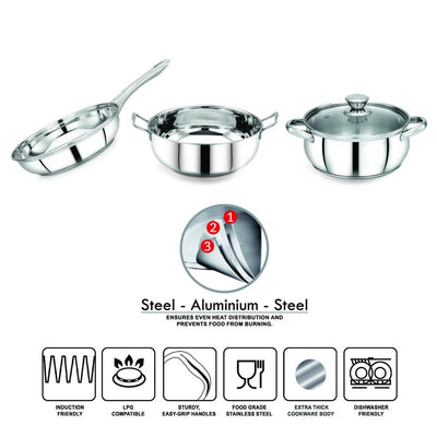 AVIAS Platinox Stainless Steel Set (Belly 18cm + Kadhai 22cm + Frypan 22cm + Casserole 1000ML + 1500ML) | Induction Compatible | Silver | Set of  5 Pcs