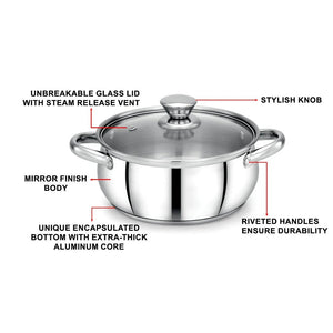 AVIAS Platinox Stainless Steel Set (Belly 18cm + Kadhai 22cm + Frypan 22cm + Casserole 1000ML + 1500ML) | Induction Compatible | Silver | Set of  5 Pcs