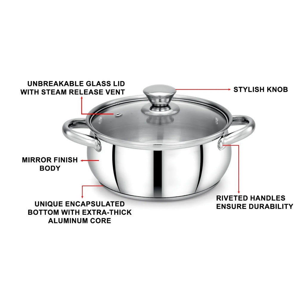 AVIAS Platinox Stainless Steel Set (Belly 18cm + Kadhai 22cm + Frypan 22cm + Casserole 1000ML + 1500ML) | Induction Compatible | Silver | Set of  5 Pcs