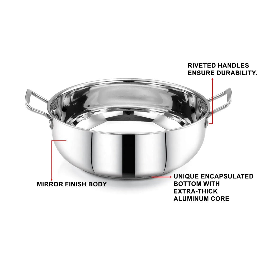 AVIAS Platinox Stainless Steel Set (Belly 18cm + Kadhai 22cm + Frypan 22cm + Casserole 1000ML + 1500ML) | Induction Compatible | Silver | Set of  5 Pcs