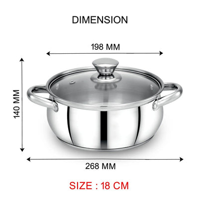 AVIAS Platinox Stainless Steel Set (Belly 18cm + Kadhai 22cm + Frypan 22cm + Casserole 1000ML + 1500ML) | Induction Compatible | Silver | Set of  5 Pcs
