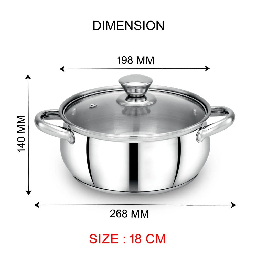 AVIAS Platinox Stainless Steel Set (Belly 18cm + Kadhai 22cm + Frypan 22cm + Casserole 1000ML + 1500ML) | Induction Compatible | Silver | Set of  5 Pcs