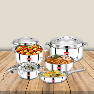AVIAS Platinox Stainless Steel Set (Belly 18cm + Kadhai 22cm + Frypan 22cm + Casserole 1000ML + 1500ML) | Induction Compatible | Silver | Set of  5 Pcs