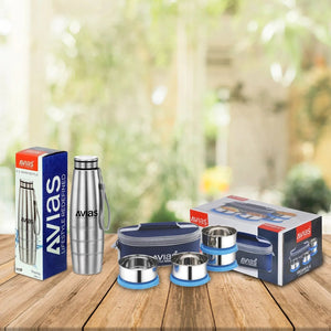 AVIAS Office Freshia H4 Tiffin with 4 Container + Premia Stainless Steel 1000 ML Bottle | Insulated Jacket | Set of 5 Pcs