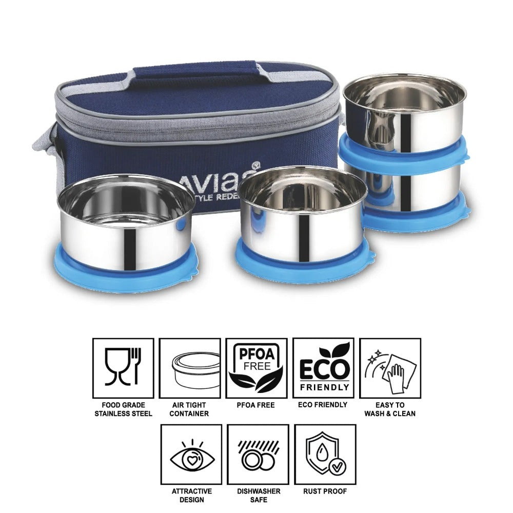 AVIAS Office Freshia H4 Tiffin with 4 Container + Premia Stainless Steel 1000 ML Bottle | Insulated Jacket | Set of 5 Pcs