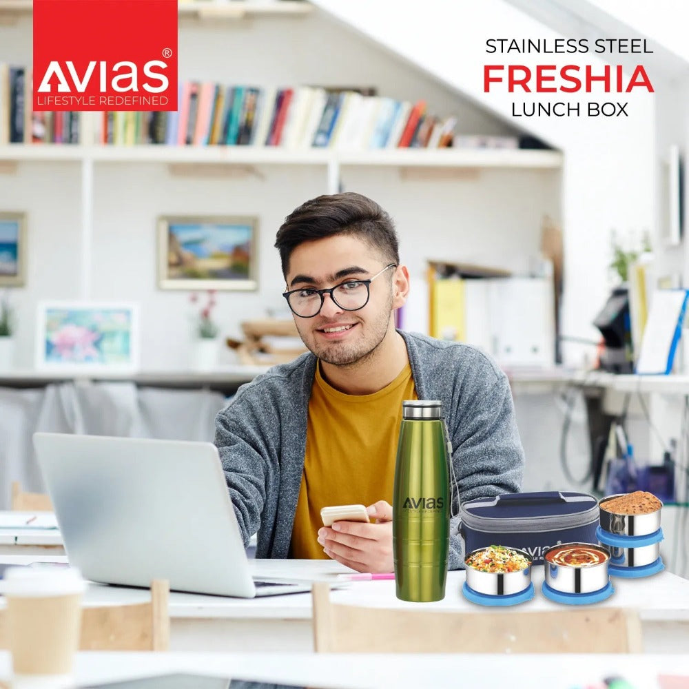AVIAS Office Freshia H4 Tiffin with 4 Container + Premia Stainless Steel 1000 ML Bottle | Insulated Jacket | Set of 5 Pcs