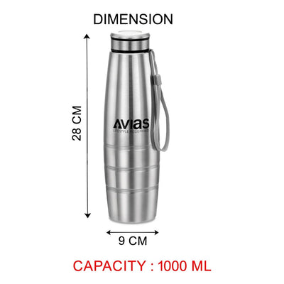AVIAS Premia Stainless Steel 1000ml Water Bottles | Silver | Set of 3 Pcs