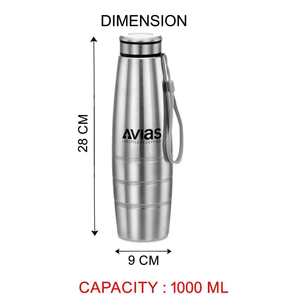 AVIAS Premia Stainless Steel 1000ml Water Bottles | Silver | Set of 3 Pcs