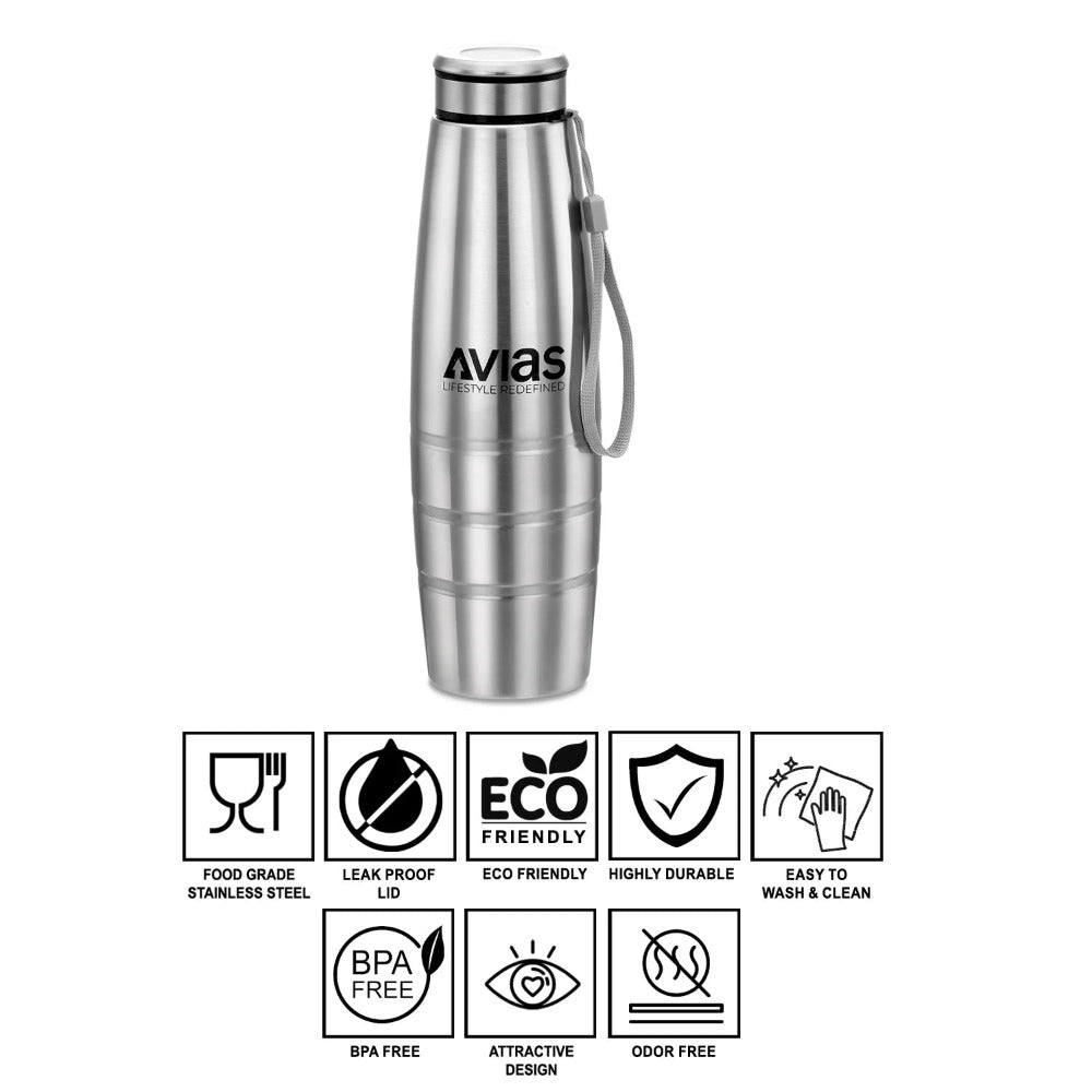 AVIAS Premia Stainless Steel 1000ml Water Bottles | Silver | Set of 3 Pcs
