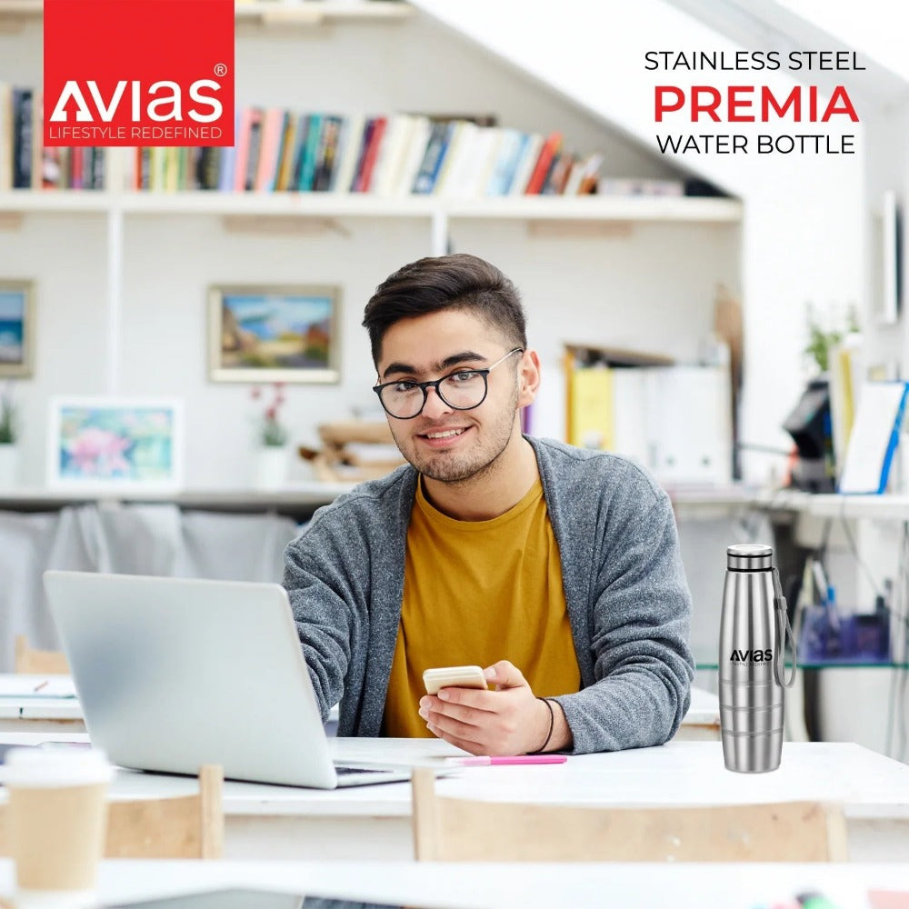 AVIAS Premia Stainless Steel 1000ml Water Bottles | Silver | Set of 3 Pcs