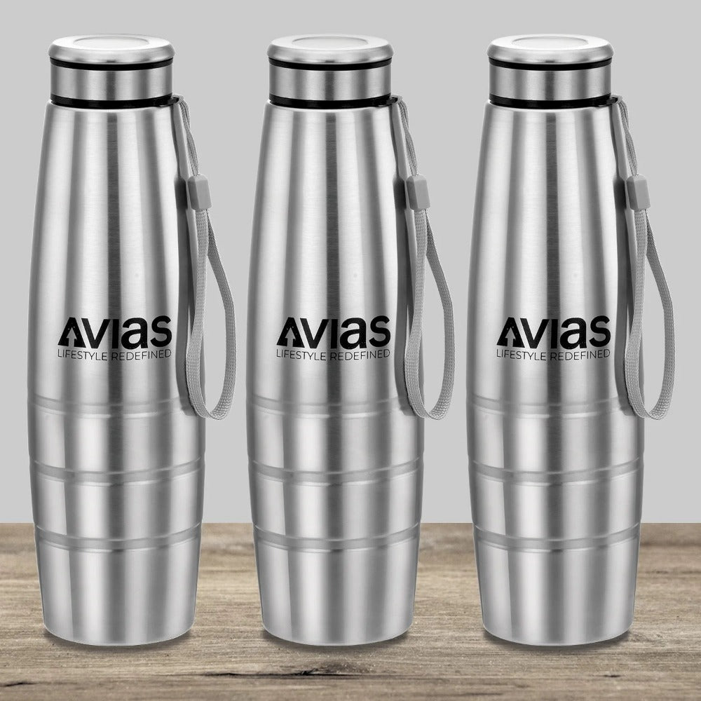 AVIAS Premia Stainless Steel 1000ml Water Bottles | Silver | Set of 3 Pcs