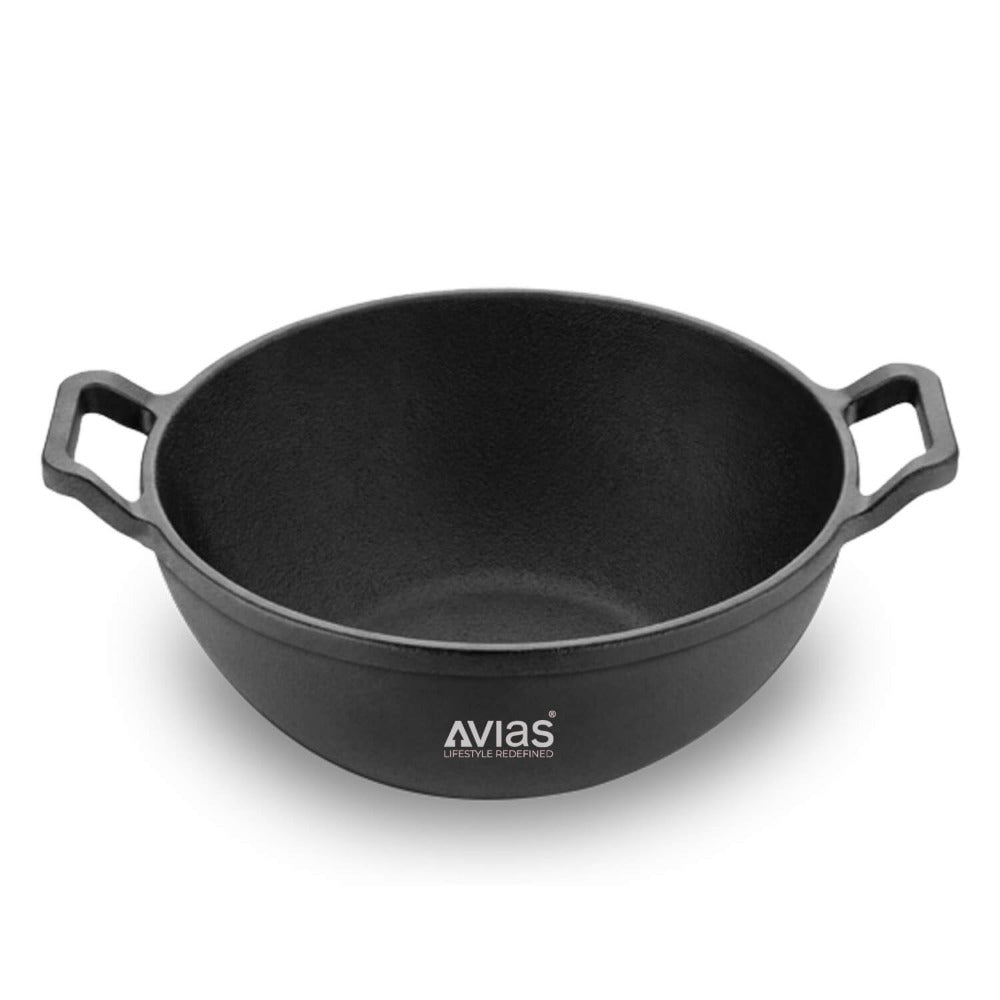 AVIAS Cast Iron Deep Kadhai | Gas & Induction Compatible | Silver | 1 Pc